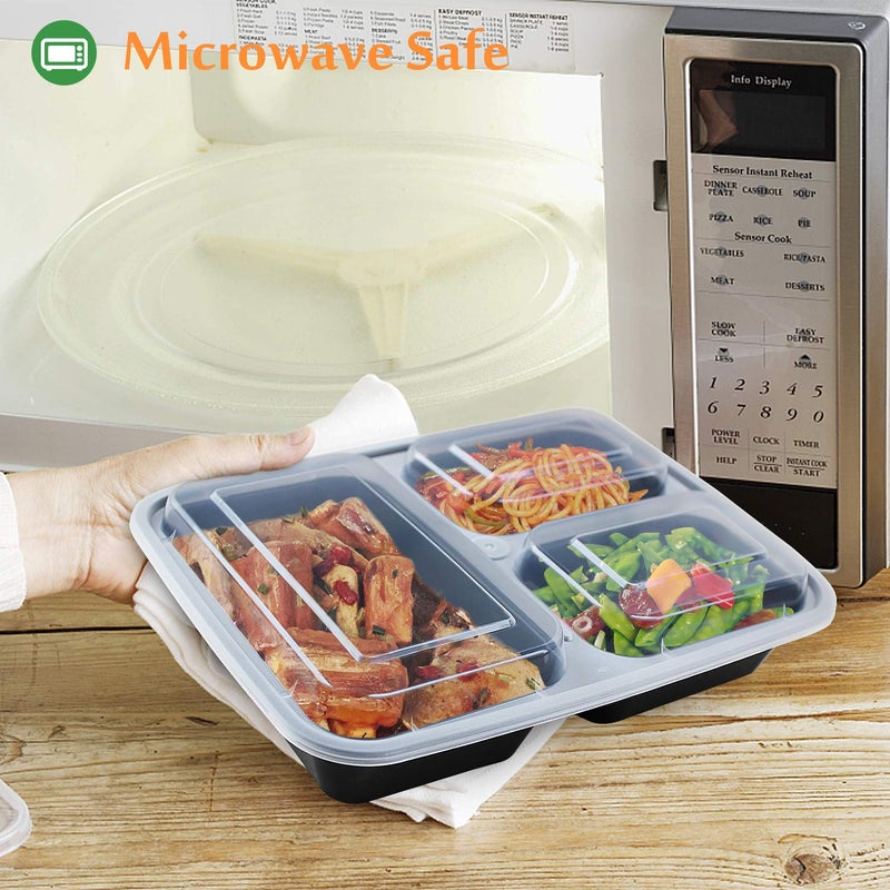 Enther Meal Prep Containers [20 Pack] 36oz 3 Compartment with Lids, Food Storage Bento Box with Souffle Cups BPA Free/Reusable/Stackable, Microwave/Freezer/Dishwasher Safe, Portion Control Black - Image 5